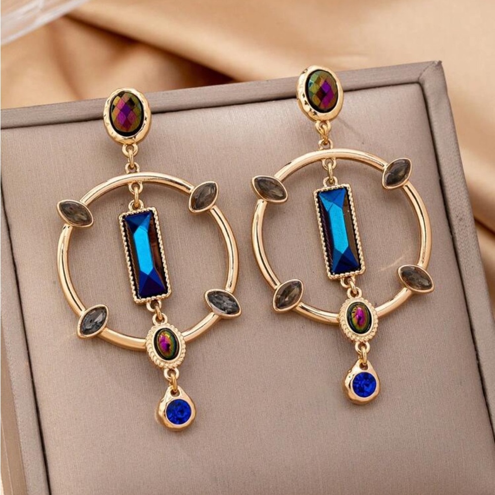 Hollow Geometric Multicolor‎ Faux Gemstone Earrings